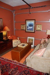 Welcome to "The Man Cave". I used only three paint colors throughout. All trim is done in Benjamin Moore's Huntington Beige, all walls are Benjamin Moore's Mayflower Red, and all floors are Sherwin Williams Concrete Stain in Dark Walnut.