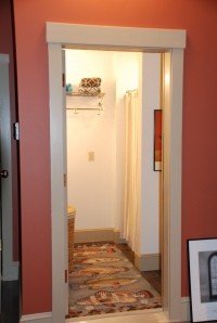 The bath located just off the TV room (a.k.a. the man cave). I used Benjamin Moore's Elephant Tusk on the walls as there are no windows in this room.
