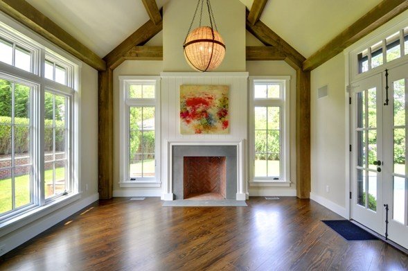 Lofted Ceiling Library with Fireplace Barn House